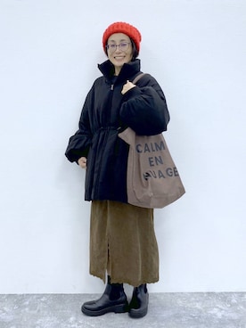 「ウエストゴム」｜「アイテム（帽子）」を使った、えまこさん（レディース・159cm）の冬コーディネート