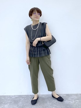 「LOWRYS FARM（ローリーズファーム）のパールタレンネックレス　249411（ネックレス、ホワイト系）」を使った、えまこさん（レディース・159cm）の夏コーディネート