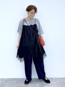 「studio CLIP（スタディオクリップ）のレースフラワーフォトTシャツ（Tシャツ/カットソー、グレー系）」を使った、えまこさん（レディース・159cm）の夏コーディネート