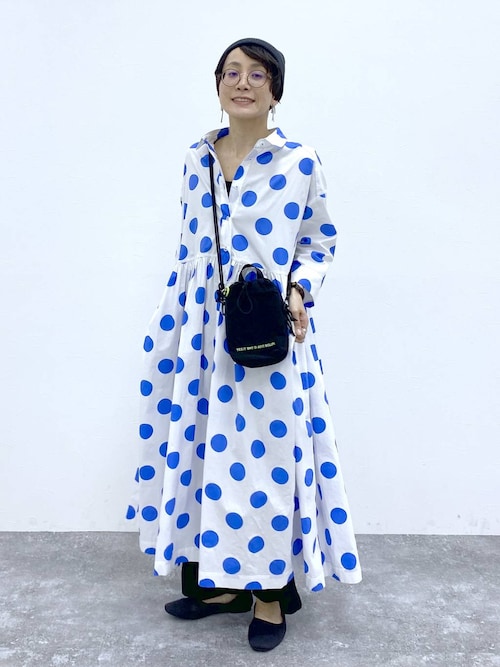 3423【美品】45R ドット柄シャツワンピース ガーゼ素材 インディゴ 美品✨45R ピンタック シャツワンピース ギャザー インディゴ 3 ブルー