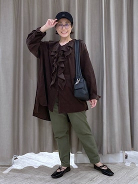 「ウエストゴム」｜「アイテム（帽子）」を使った、えまこさん（レディース・159cm）の秋コーディネート