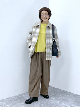 「ウエストゴム」｜「アイテム（帽子）」を使った、えまこさん（レディース・159cm）の秋コーディネート