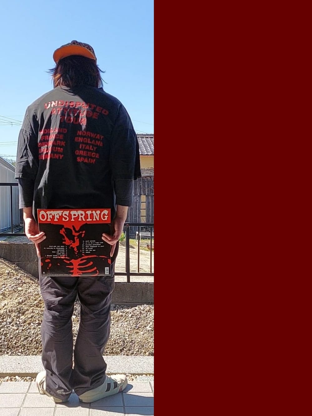 「バンドT、スレイヤー、Columbia、七分丈、チノパン、バウンティーハンター(BOUNTY HUNTER)、PRO-keds、古着MIX、90s、サタンアルバイト、ひょう柄、オーバーサイズ、重ね着」｜「SATAN ARBEITのアイテム（キャップ、ブラウン系）」を使った、Neggyさん（メンズ・165cm）の春コーディネートの1枚目の写真