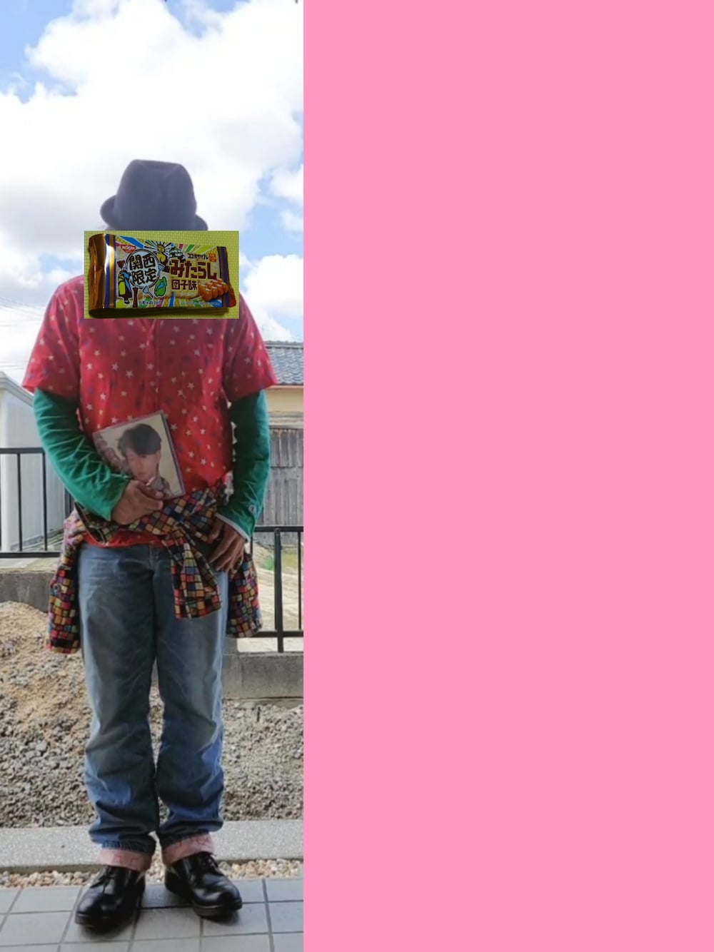 レッド系のシャツ/ブラウス、グリーン系のTシャツ/カットソー、その他のデニムジャケットを着用したメンズの春コーディネートの3枚目の写真