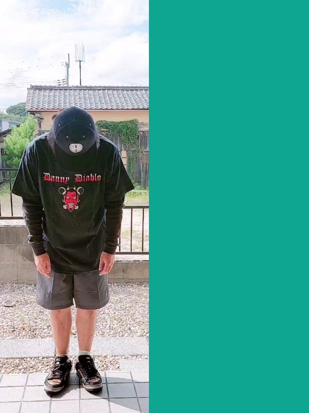 「ハーフパンツ、ダブルニー、カスタム、夏だ！Tシャツ着よう！、フルーツオブザルーム、🎙️ダニーディアブロ、メッシュキャップ、オールメッシュキャップ、ロンT、サーマル、フェススタイル、バンドT、オーバーサイズ、プチプラ、スニーカー」｜「sub-missionのアイテム（キャップ、ブラック系）」を使った、Neggyさん（メンズ・165cm）の夏コーディネートの1枚目の写真