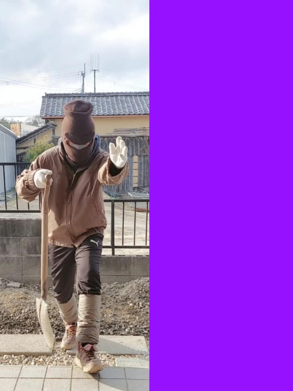 「ガーデニング、庭の手入れ、庭、寒さ対策、軍手のしたにはビニール手袋、ナイロンレッグウォーマー、sublimation、PUMA、リーボック(Reebok)、チャンピオン、リバースウィーブ、ダブファクトリー、軍手、スコップ、スエット」｜「dubfactoryのアイテム（ニットキャップ/ビーニー、ブラウン系）」を使った、Neggyさん（メンズ・165cm）の冬コーディネートの1枚目の写真