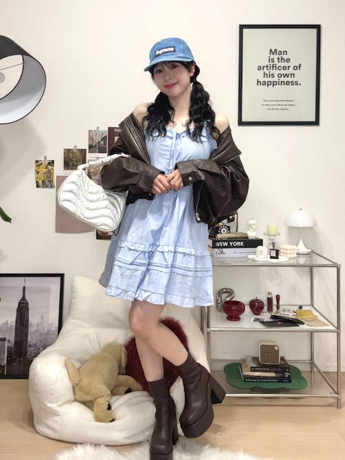 Chico コットンレースフリルキャミワンピース ブルーりなてぃ着用
