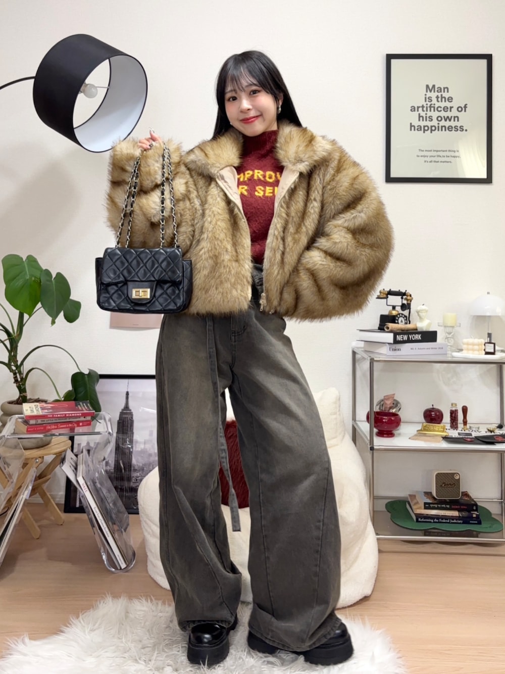 「真冬のあったかスタイル、ニット、冬アウター、ファー、デニム、デニムパンツ、プチプラ、お出かけコーデ、冬コーデ、デートコーデ、きれいめカジュアル、チョコ色に染まれ、ブーツ、厚底シューズ、ショルダーバッグ」｜「SLYのMESSAGE SHAGGY JQ TOPS メッセージ シャギー ジャガード トップス（ニット/セーター、レッド系）」を使った、りなてぃさん（骨格ストレート・レディース・150cm）の冬コーディネートの1枚目の写真