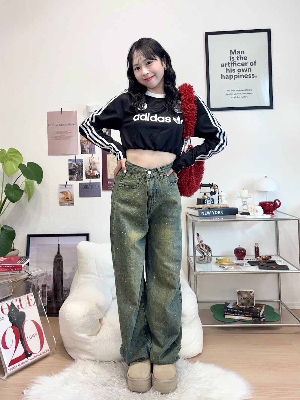 adidas クロップド長袖トップス 黒 アディダス スリーストライプス クロップド 長袖Tシャツ