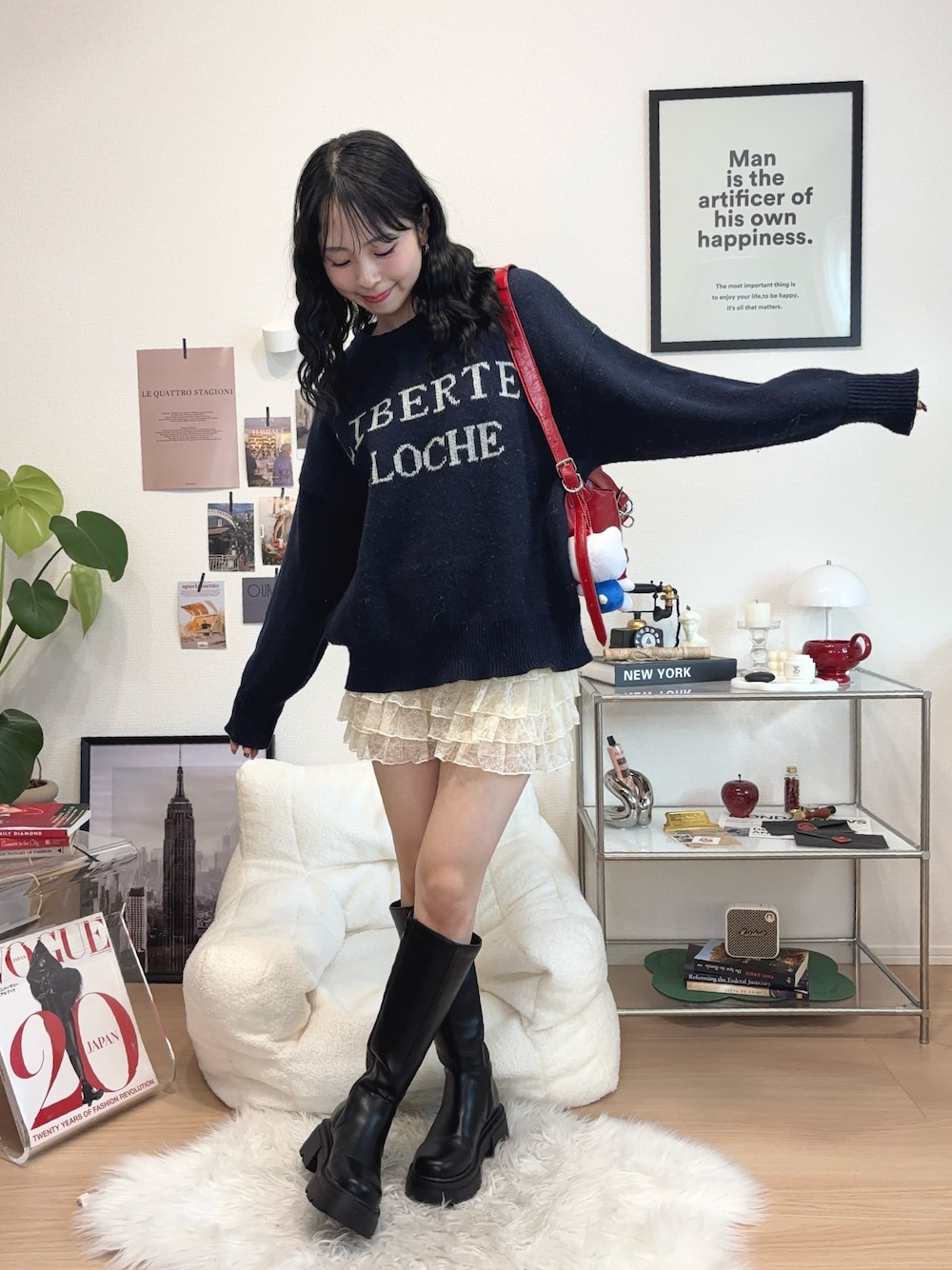 「秋っぽコーデ更新中、ニット、レース、バレエコア、ロングブーツ、ブーツ、ショルダーバッグ、韓国ファッション、プチプラ、お出かけコーデ、休日スタイル、ロゴニット、秋コーデ、低身長、秋服」｜「RiberryのLIBERTEロゴジャガードニット（ニット/セーター、ブルー系）」を使った、りなてぃさん（骨格ストレート・レディース・150cm）の秋コーディネートの1枚目の写真