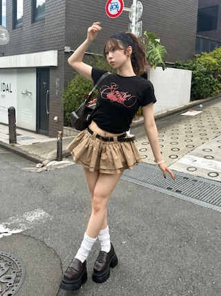 「ESCAPEFROM(エスケープフロム)のドットラインエスケープレタリングプリントスリムフィット半袖Tシャツブラック(Tシャツ/カットソー)」を使った、りなてぃさん(レディース・150cm)の夏コーディネート
