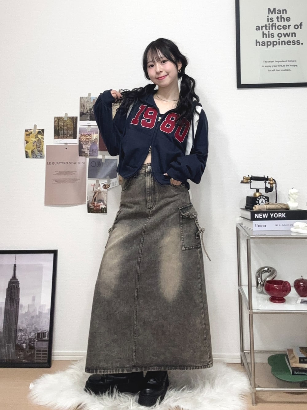 「春めき満開コーデ、パーカー、デニム、デニムスカート、厚底シューズ、ブーツ、リュック、プチプラ、春コーデ、春服、大人カジュアル、春色、スポーツミックス、休日スタイル、お出かけコーデ」｜「Birthday roomのダブルジップロゴワッペンパーカー / double zip logo patch hoodie（パーカー、ブルー系）」を使った、りなてぃさん（骨格ストレート・レディース・150cm）の春コーディネートの1枚目の写真