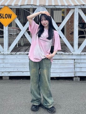 「EMODA（エモダ）のアートグラフィックオーバーTシャツ（Tシャツ/カットソー）」を使った、りなてぃさん（レディース・150cm・20代）の夏コーディネート