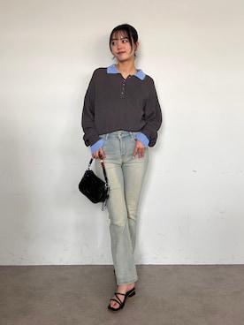 「Maison Calme（メゾンカルム）の【26年春夏新作】配色デザインフェイクレイヤードシアーポロ襟ニットトップス（ニット/セーター、グレー系）」を使った、みさみさ☺︎さん（レディース・160cm）の春コーディネート