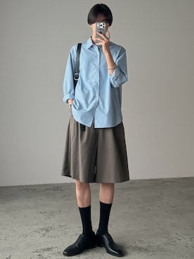 「WYM LIDNM（ウィム バイ リドム）のMICRO SPAN BASIC SHIRT（シャツ/ブラウス、ブルー系）」を使った、しーさん（メンズ・177cm）の夏コーディネート