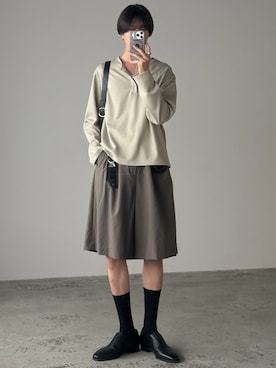 「WYM LIDNM（ウィム バイ リドム）のREFINED WAFFLE HENLEY NECK L/S TEE（Tシャツ/カットソー、ベージュ系）」を使った、しーさん（メンズ・177cm）の夏コーディネート