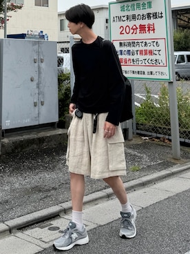 「WYM LIDNM（ウィム バイ リドム）のEXTRA FINE COTTON CROPPED L/S TEE（Tシャツ/カットソー、ブラック系）」を使った、しーさん（メンズ・177cm）の夏コーディネート
