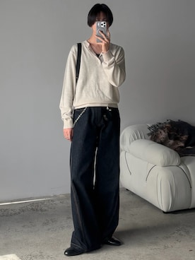 「soerte（ソエルテ）のLame Blend Henley Neck Knit / ラメブレンドヘンリーネックニット（ニット/セーター、ホワイト系）」を使った、しーさん（メンズ・177cm）の春コーディネート