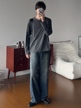 「LIDNM（リドム）のMERINO WOOL L/S TEE（Tシャツ/カットソー、グレー系）」を使った、しーさん（メンズ・177cm）の春コーディネート