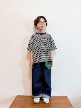 「A BAG OF CHIPS（アバッグオブチップス）のGENERATOR/ジェネレーター ボーダーTシャツ（Tシャツ/カットソー、ブラック系）」を使った、892kiさん（キッズ・110cm）の春コーディネート