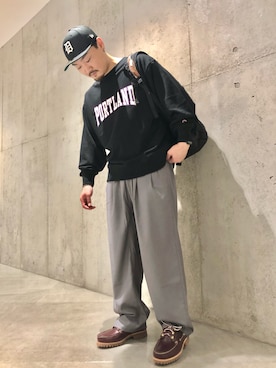 「アイテム（モカシン/デッキシューズ、ブラウン系）」を使った、Jun さん（メンズ・176cm）の秋コーディネート