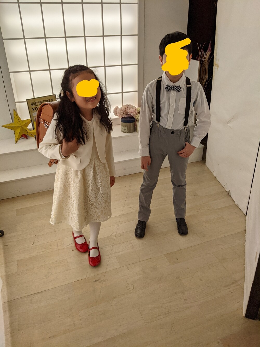 「GUのアイテム（ドレスシューズ、レッド系）」を使った、popotan724さん（キッズ・120cm）の冬コーディネートの1枚目の写真
