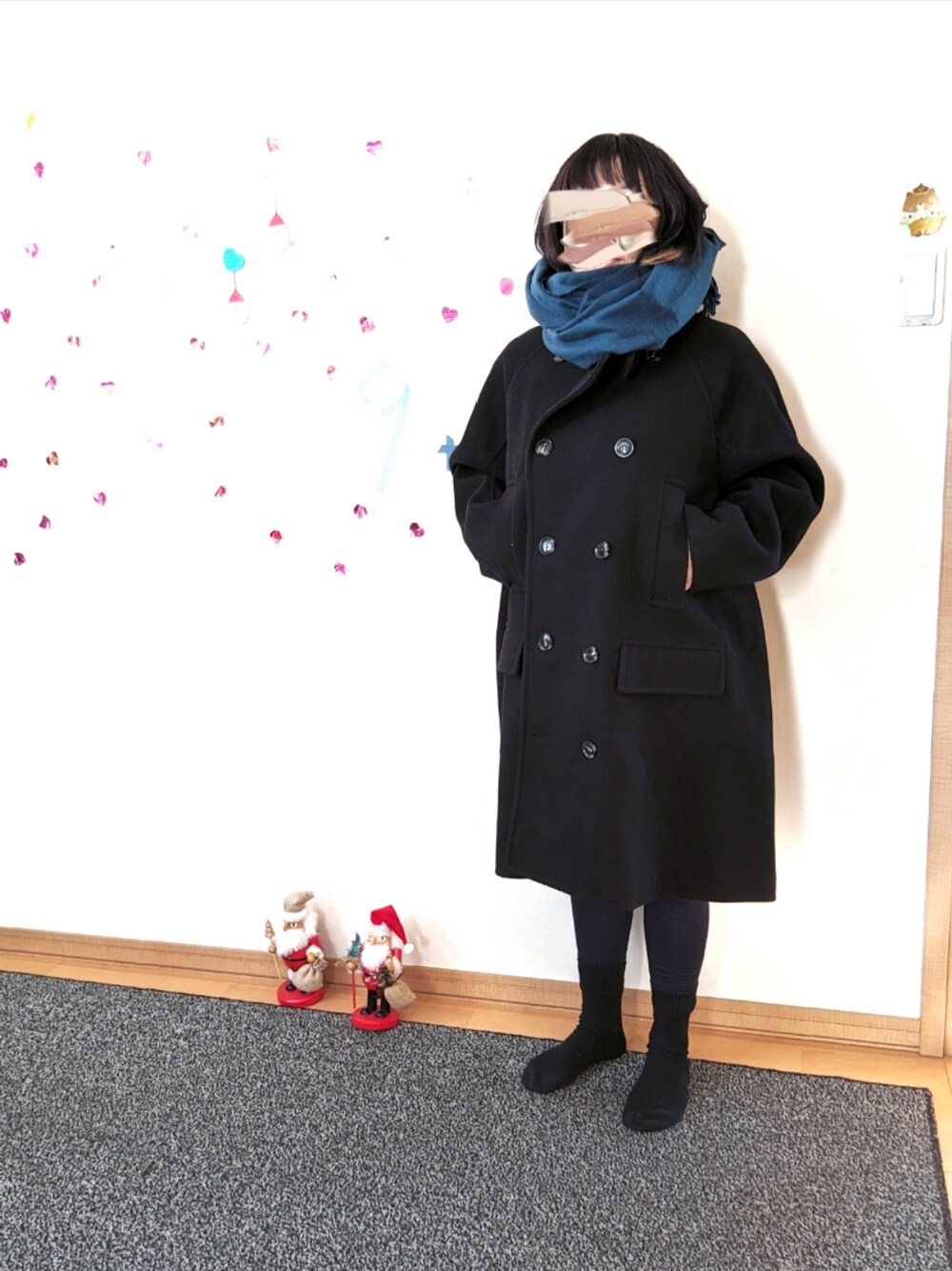 「ピーコート、オール黒、さしいろブルー、blue、ストールぐるぐる、ストール、クルミ割り人形」｜「forksy.のアイテム（ピーコート、ブラック系）」を使った、popotan724さん（キッズ・140cm）の冬コーディネートの1枚目の写真