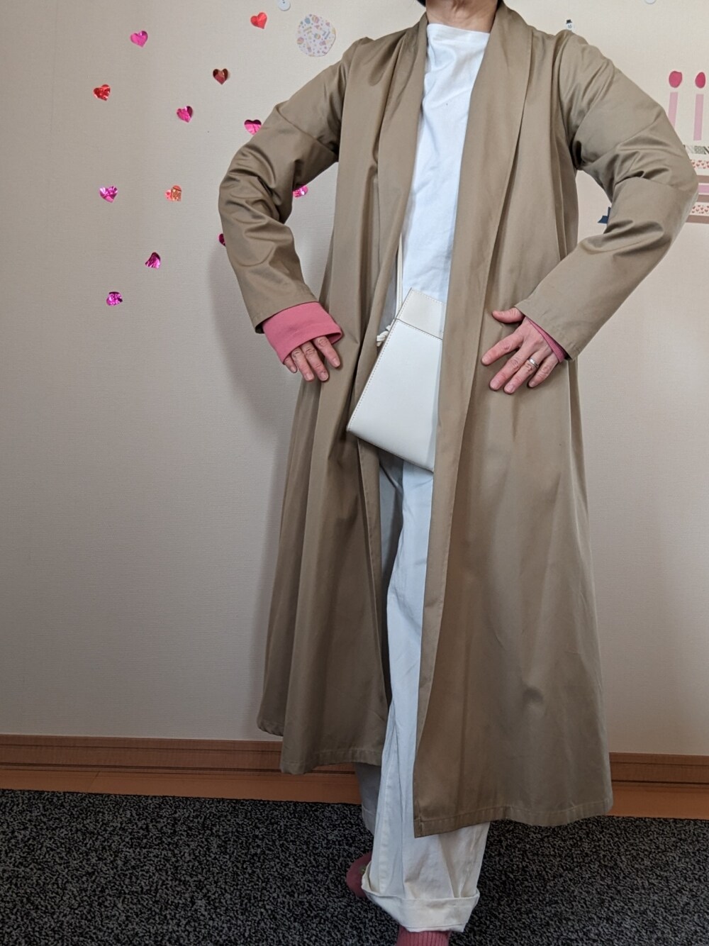 「mizuiroindのアイテム（ノーカラーコート、ベージュ系）」を使った、popotan724さん（キッズ・133cm）の春コーディネートの1枚目の写真