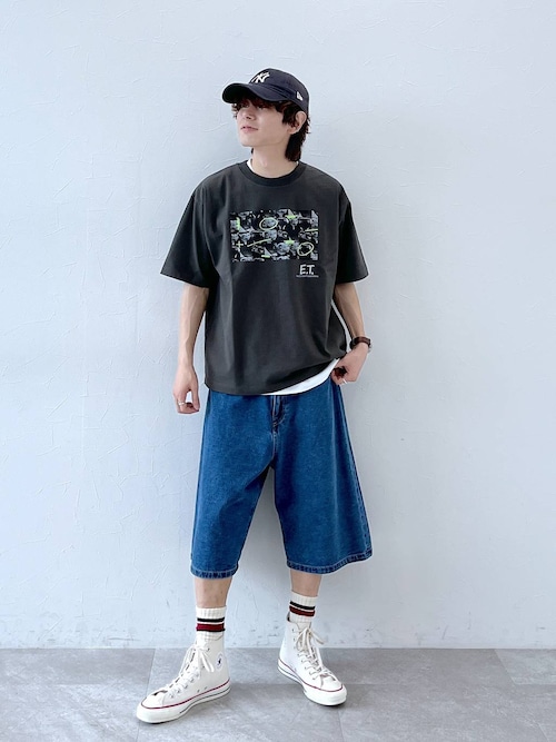ワイド5ポケットデニムショートパンツ　バギーデニムショーツ