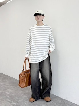 「niko and...（ニコアンド）の2WAYボストンバッグ（ボストンバッグ、イエロー系）」を使った、daikinikoandさん（メンズ・169cm）の夏コーディネート