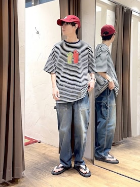 「niko and...（ニコアンド）のCOOLMAX ライトデニムペインターパンツ LIGHT PAINTER DENIM PANTS [niko and ...JEANS]（デニムパンツ、ブルー系）」を使った、daikinikoandさん（メンズ・169cm）の夏コーディネート
