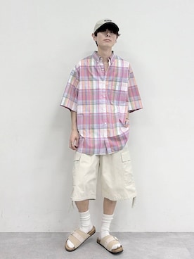 「niko and...（ニコアンド）のイージーケア柄ショートスリーブシャツ（シャツ/ブラウス、ピンク系）」を使った、daikinikoandさん（メンズ・169cm）の夏コーディネート
