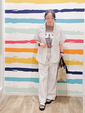 「SHOO・LA・RUE（シューラルー）のジュートランチトートバッグ（トートバッグ、ブラック系）」を使った、Peeさん（レディース・150cm）の春コーディネート