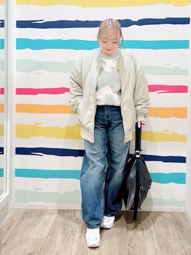 「SHOO・LA・RUE（シューラルー）の【S-LL】大人も取り入れやすい BIGシルエット MA－1ブルゾン（ブルゾン、グリーン系）」を使った、Peeさん（レディース・150cm）の冬コーディネート