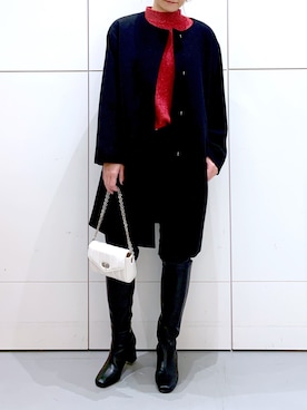 「LAKOLE（ラコレ）のアイテム（ノーカラーコート）」を使った、yun..さん（レディース・160cm）の冬コーディネート