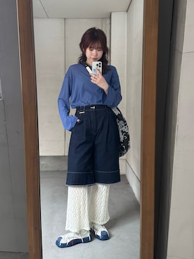 「THE GOODLAND MARKET（ザグッドランドマーケット）のcwtch　ORGANIC DENIM HARF PANTS（デニムパンツ、ブルー系）」を使った、tsuさん（レディース・163cm）の春コーディネート