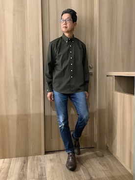 「TOKYO SHIRTS（トウキョウシャツ）のカジュアルシャツ リラックス ブロードシャツ ボタンダウン 長袖 メンズ（ポロシャツ、グリーン系）」を使った、TOKYOSHIRTSららぽーと安城店さん（メンズ・172cm）の秋コーディネート