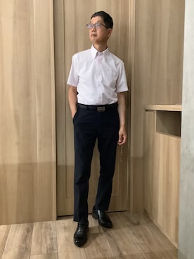 「TOKYO SHIRTS（トウキョウシャツ）の【吸水速乾】 形態安定ノンアイロン ボタンダウン 半袖ビジネスワイシャツ（ビジネスシャツ、ピンク系）」を使った、TOKYOSHIRTSららぽーと安城店さん（メンズ・172cm）の夏コーディネート