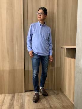 「TOKYO SHIRTS（トウキョウシャツ）のビズポロ ポロシャツ 長袖（ポロシャツ、ブルー系）」を使った、TOKYOSHIRTSららぽーと安城店さん（メンズ・172cm）の秋コーディネート