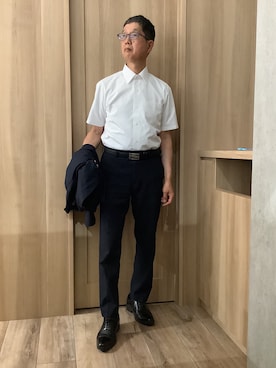 「TOKYO SHIRTS（トウキョウシャツ）の【透け防止】 形態安定ノンアイロン レギュラー 半袖ビジネスワイシャツ 白無地（ビジネスシャツ、ホワイト系）」を使った、TOKYOSHIRTSららぽーと安城店さん（メンズ・172cm）の夏コーディネート