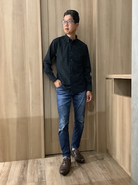 「TOKYO SHIRTS（トウキョウシャツ）のデザインカジュアルシャツ ボタンダウン 長袖 ニットシャツ ストレッチ メンズ（ポロシャツ、ブラック系）」を使った、TOKYOSHIRTSららぽーと安城店さん（メンズ・172cm）の秋コーディネート