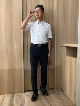 「TOKYO SHIRTS（トウキョウシャツ）の【吸水速乾】【COFREX】 形態安定ノンアイロン ボタンダウン 半袖ビジネスワイシャツ（ビジネスシャツ、グレー系）」を使った、TOKYOSHIRTSららぽーと安城店さん（メンズ・172cm）の夏コーディネート