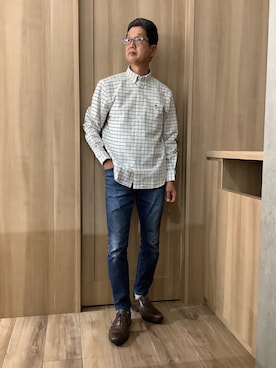 「TOKYO SHIRTS（トウキョウシャツ）のカジュアルシャツ フレンチブルドッグ刺繍 オックスフォードシャツ ボタンダウン 長袖 メンズ（シャツ/ブラウス、ブルー系）」を使った、TOKYOSHIRTSららぽーと安城店さん（メンズ・172cm）の秋コーディネート