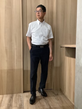 「TOKYO SHIRTS（トウキョウシャツ）の【吸水速乾】 形態安定ノンアイロン ボタンダウン 半袖ビジネスワイシャツ（ビジネスシャツ、ホワイト系）」を使った、TOKYOSHIRTSららぽーと安城店さん（メンズ・172cm）の夏コーディネート