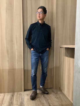 「TOKYO SHIRTS（トウキョウシャツ）のビズポロ ポロシャツ 長袖 綿100%（ポロシャツ、ブルー系）」を使った、TOKYOSHIRTSららぽーと安城店さん（メンズ・172cm）の秋コーディネート