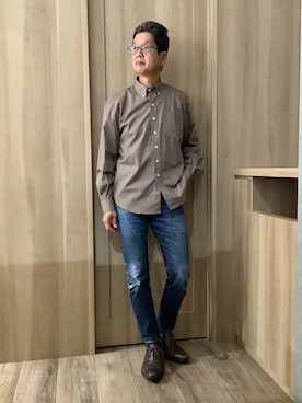「TOKYO SHIRTS（トウキョウシャツ）のカジュアルシャツ リラックス ブロードシャツ ボタンダウン 長袖 メンズ（ポロシャツ、ブラウン系）」を使った、TOKYOSHIRTSららぽーと安城店さん（メンズ・172cm）の秋コーディネート