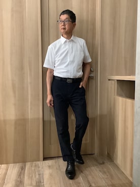 「TOKYO SHIRTS（トウキョウシャツ）の【吸水速乾】 形態安定ノンアイロン ワイド 半袖ビジネスワイシャツ（ビジネスシャツ、ホワイト系）」を使った、TOKYOSHIRTSららぽーと安城店さん（メンズ・172cm）の夏コーディネート