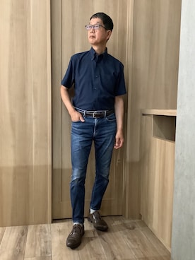 「TOKYO SHIRTS（トウキョウシャツ）の【吸水速乾】【COFREX】 形態安定ノンアイロン ボタンダウン 半袖ビジネスワイシャツ（ビジネスシャツ、ブルー系）」を使った、TOKYOSHIRTSららぽーと安城店さん（メンズ・172cm）の夏コーディネート