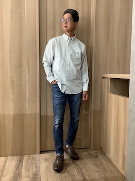 「TOKYO SHIRTS（トウキョウシャツ）のカジュアルシャツ フレンチブルドッグ刺繍 オックスフォードシャツ ボタンダウン 長袖 メンズ（シャツ/ブラウス、グリーン系）」を使った、TOKYOSHIRTSららぽーと安城店さん（メンズ・172cm）の秋コーディネート