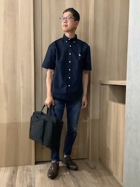 「TOKYO SHIRTS（トウキョウシャツ）のカジュアルシャツ フレンチブルドッグ刺繍 オックスフォードシャツ ボタンダウン 綿100% 半袖 メンズ（ポロシャツ、ブルー系）」を使った、TOKYOSHIRTSららぽーと安城店さん（メンズ・172cm）の夏コーディネート